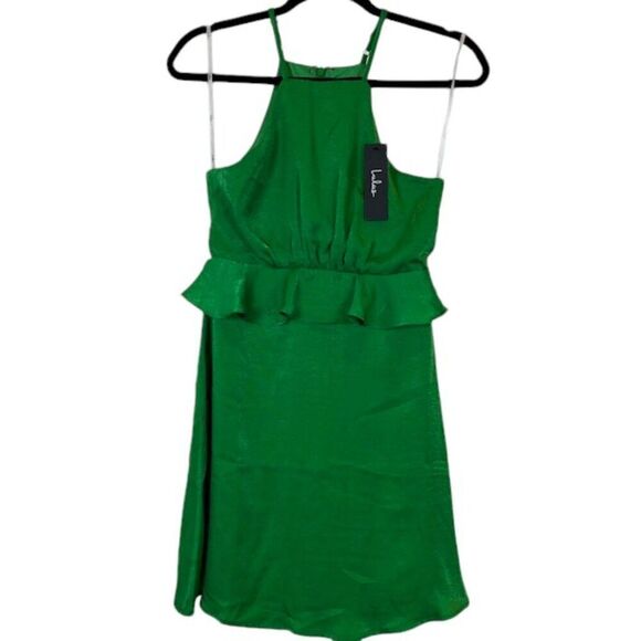 NWT Lulus Looking Luxe Green Satin Peplum Flounce Mini Dress Back Zip Size XS - Picture 2 of 13
